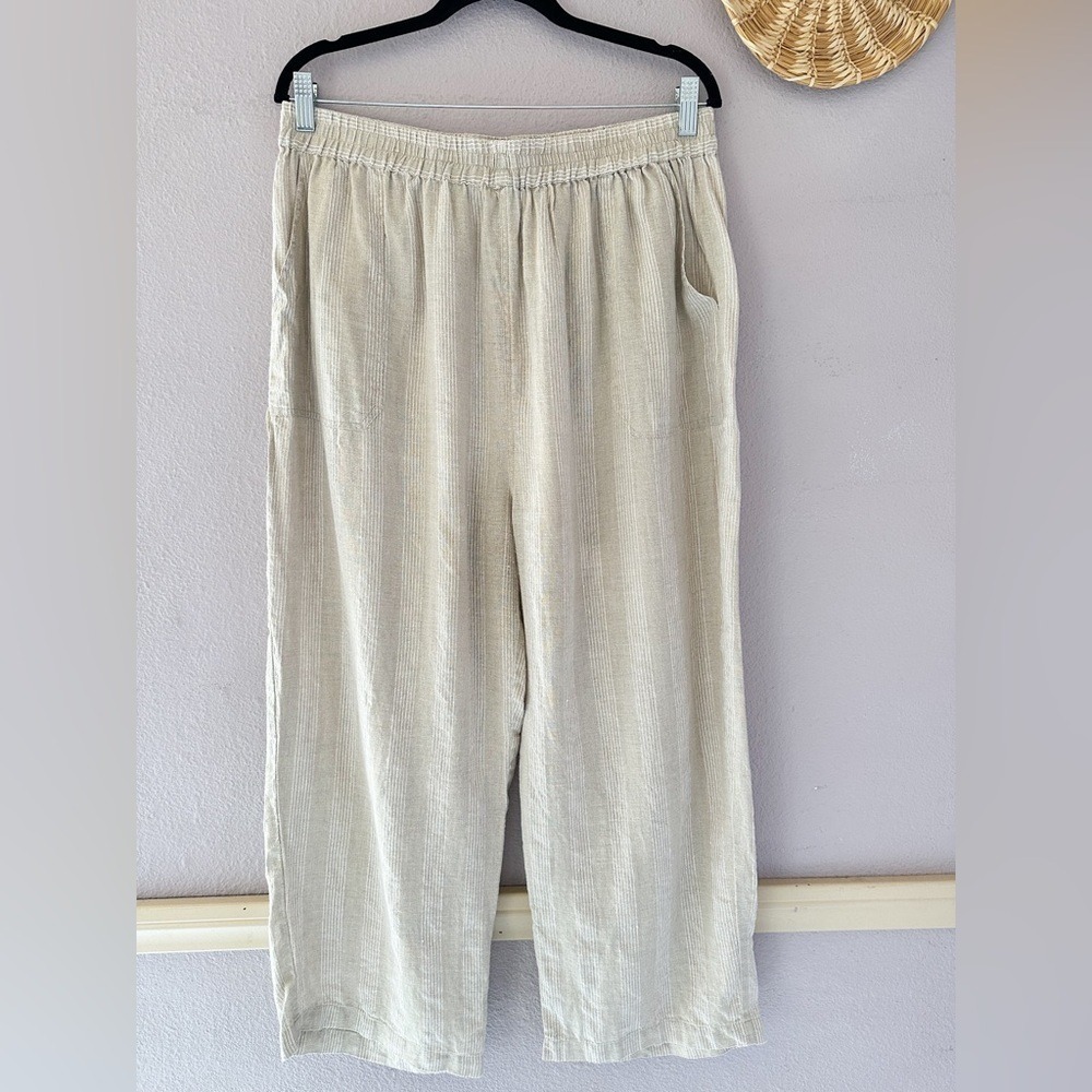 Vero Lino 100% Linen Striped Wide Leg Pants Beige Tan‎ Cream Coastal L/XL